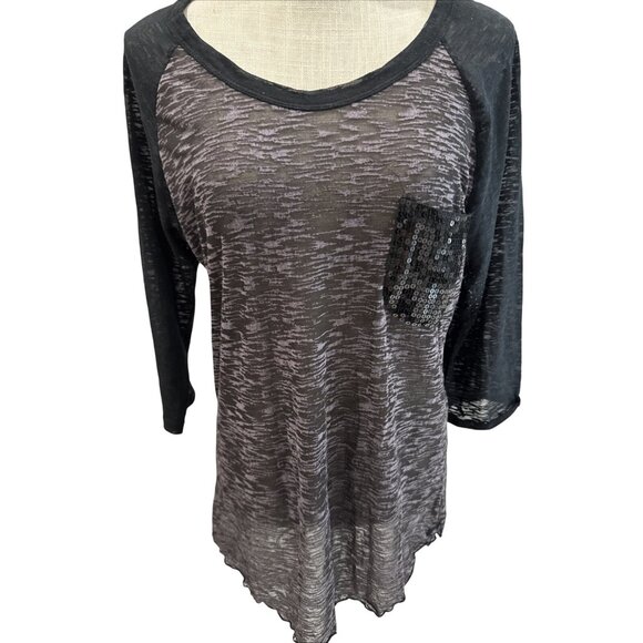 Seven Womens Sheer Black & Gray 3/4 Sleeve Top W/Sequin Pocket L - Picture 1 of 8